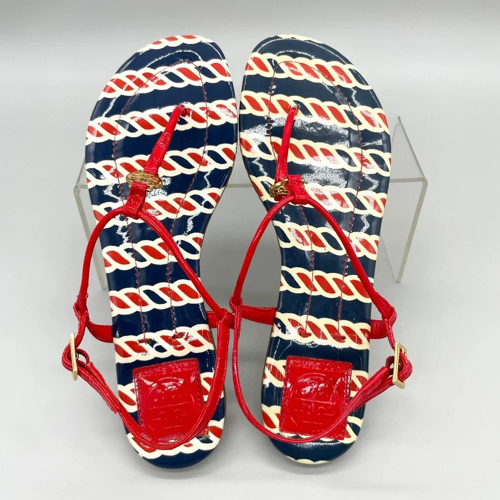 Tory Burch Womens 8.5 Emmy Red Navy Rope Patent Leather Thong Sandals Gold Logo